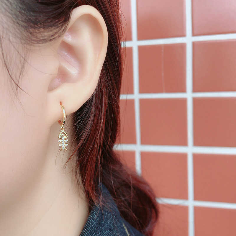 Fish Bone Ear Clip Eardrop Pave cz S925 Silver Earrings
