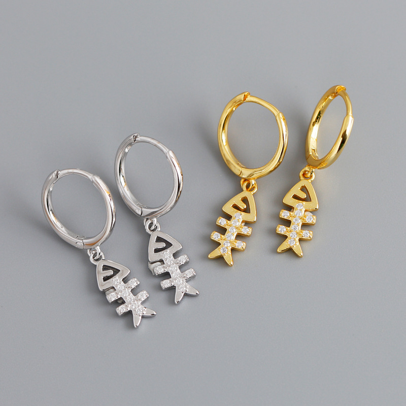Fish Bone Ear Clip Eardrop Pave cz S925 Silver Earrings