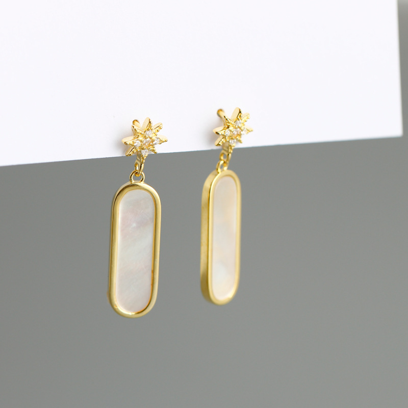Star White shell Stone Square Pave cz S925 Stud Earrings