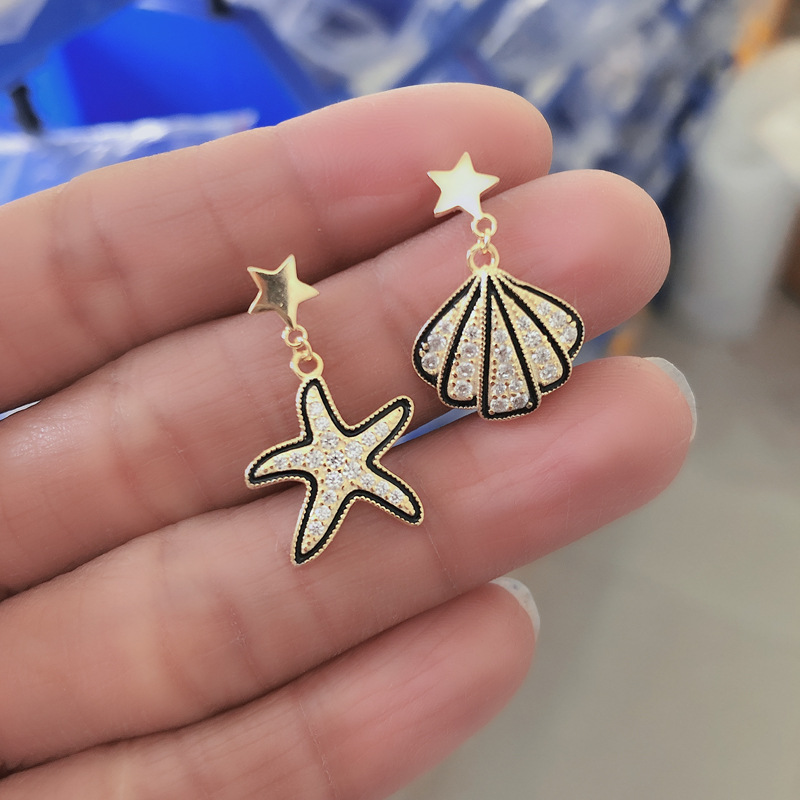 Shell And Starfish Hyperbole Ear Clip Eardrop Pave cz S925 Silver Earrings