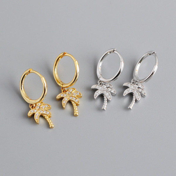 Coconut Tree Ear Clip Eardrop Pave cz S925 Silver Earrings