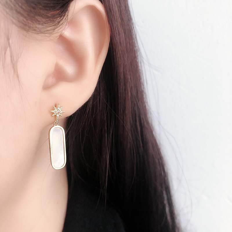 Star White shell Stone Square Pave cz S925 Stud Earrings