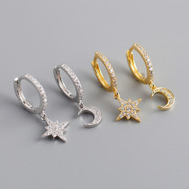 Moon Star  Ear Clip Eardrop Pave cz S925 Silver Earrings