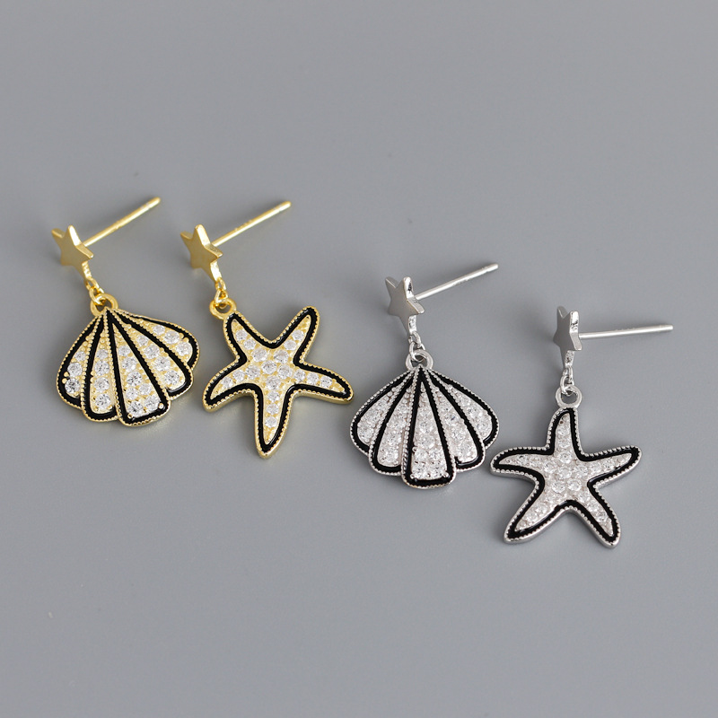 Shell And Starfish Hyperbole Ear Clip Eardrop Pave cz S925 Silver Earrings