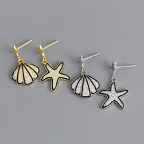 Shell And Starfish Hyperbole Ear Clip Eardrop Pave cz S925 Silver Earrings