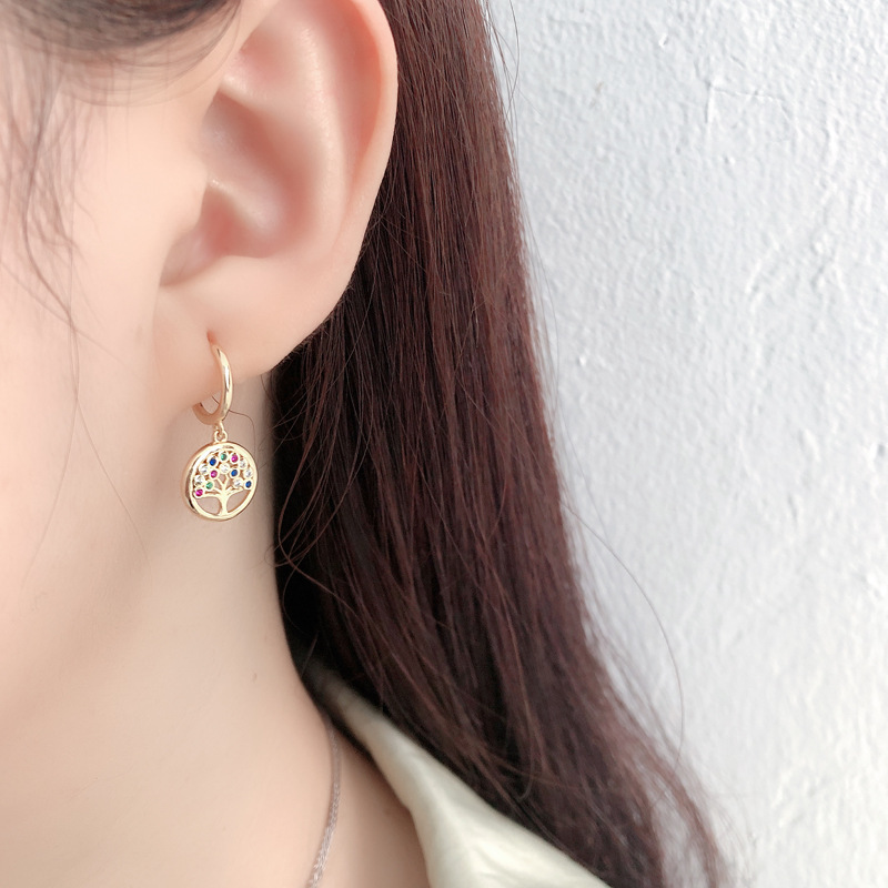 Peace Tree Charm Ear Clip Pave Colorful Stone S925 Earrings