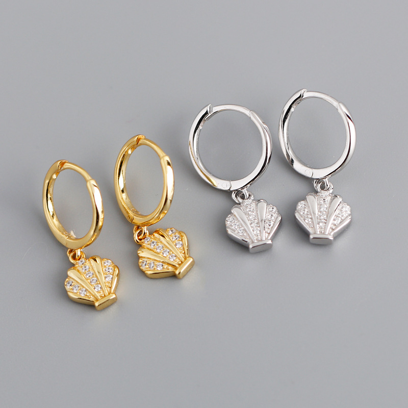 Shell Charm Ear Clip Pave White Stone S925 Silver Earrings