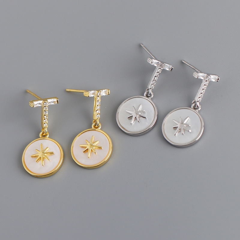 Hexagram White shell Stone Pave cz S925 Stud Earrings