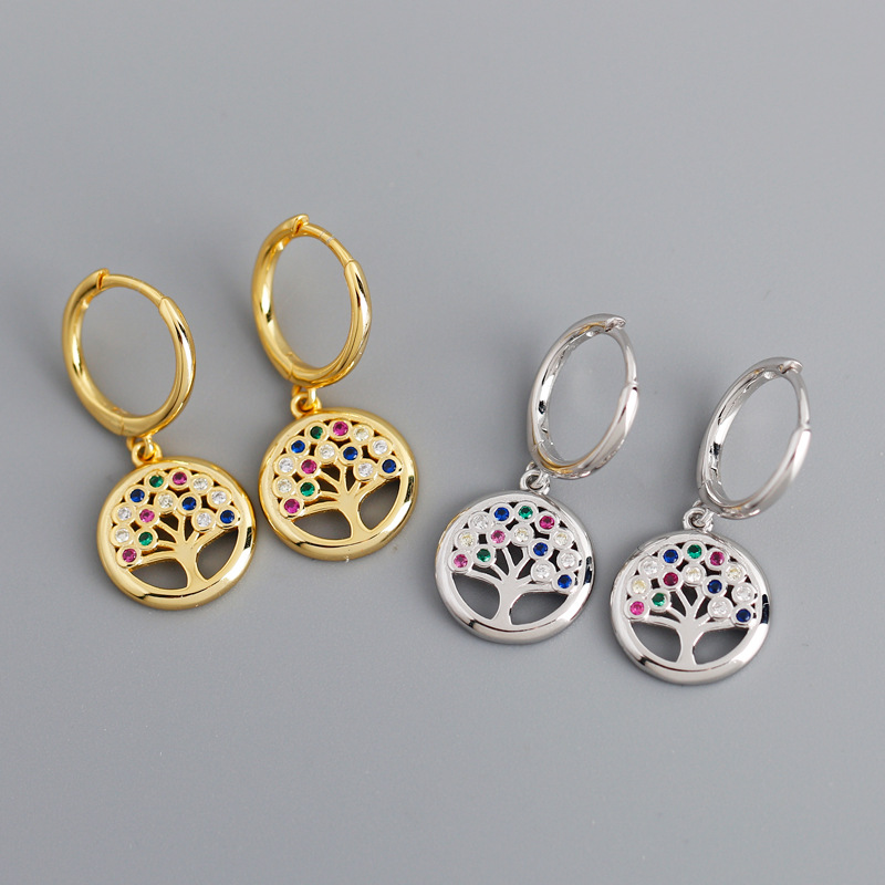 Peace Tree Charm Ear Clip Pave Colorful Stone S925 Earrings