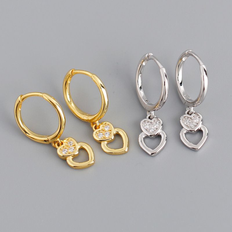 Heart Charm Ear Clip Pave cz S925 Silver Earrings