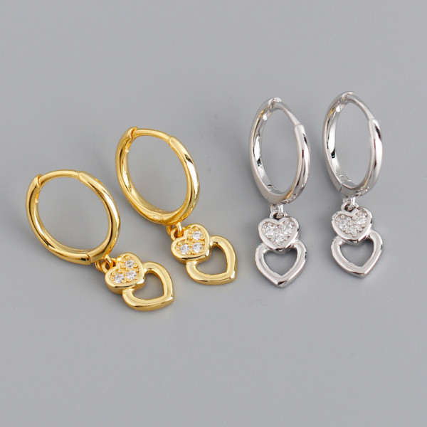 Heart Charm Ear Clip Pave cz S925 Silver Earrings