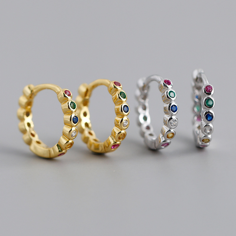 Simple Circle Pave Corlorful Stone Ear Clip S925 Silver Earrings