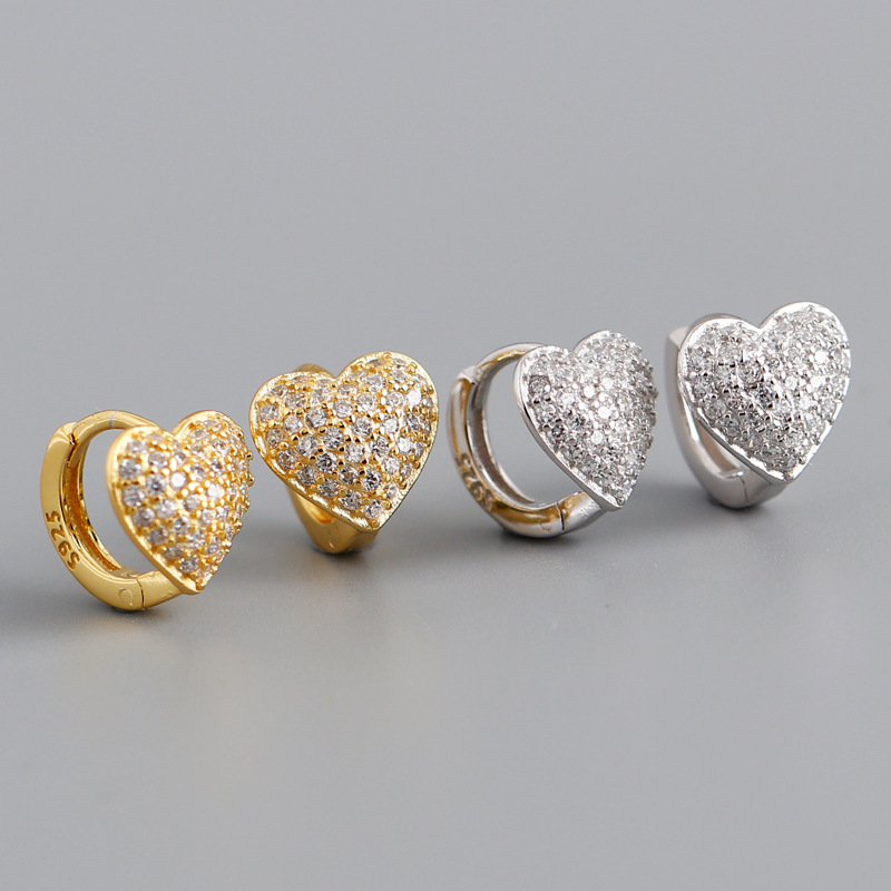 Heart Charm Pave White Stone Ear Clip S925 Silver Earrings