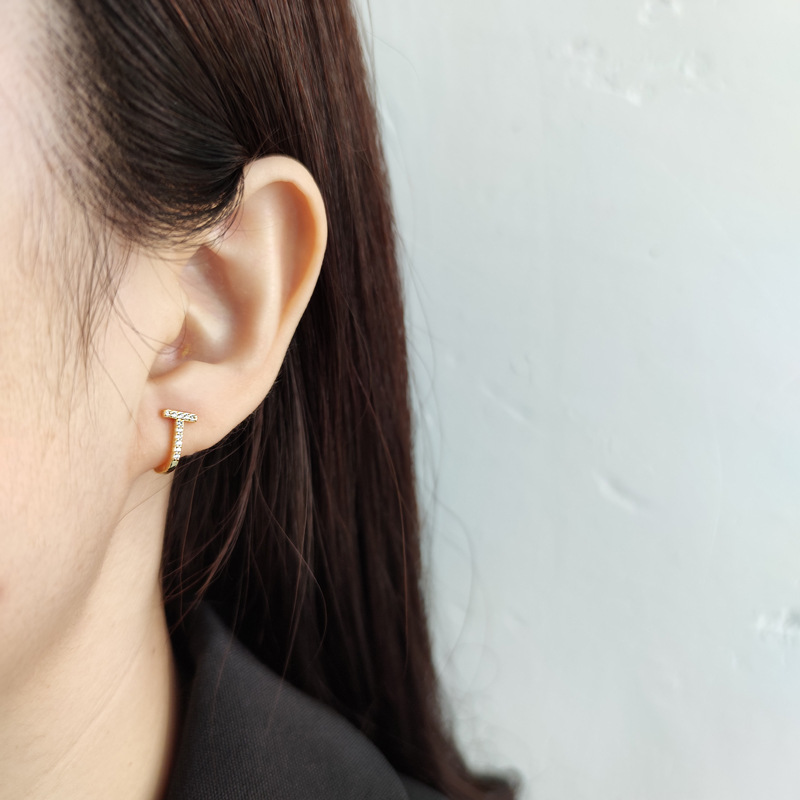T Charm Pave cz Ear Clip S925 Silver Earrings