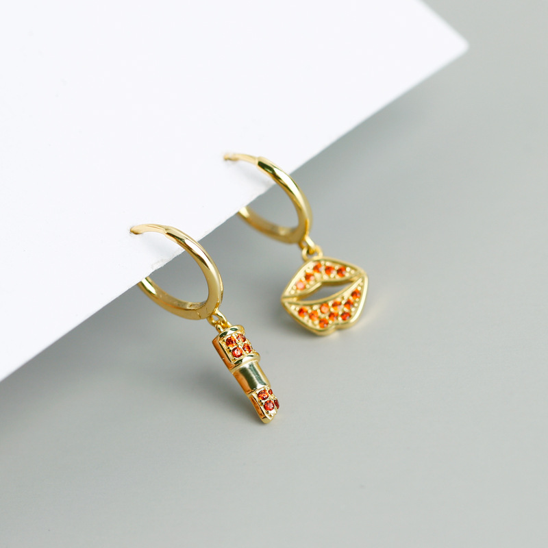 Lip And Lipstick Asymmetric Pave Red Stone Ear Clip S925 Silver Earrings