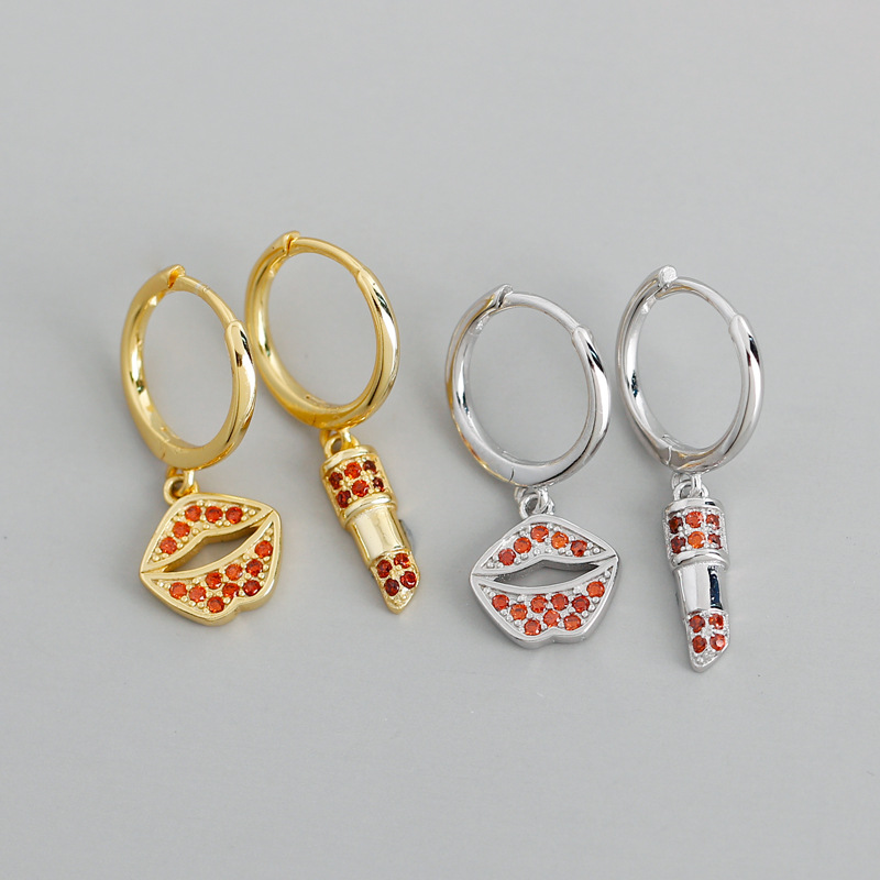 Lip And Lipstick Asymmetric Pave Red Stone Ear Clip S925 Silver Earrings