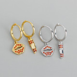 Lip And Lipstick Asymmetric Pave Red Stone Ear Clip S925 Silver Earrings