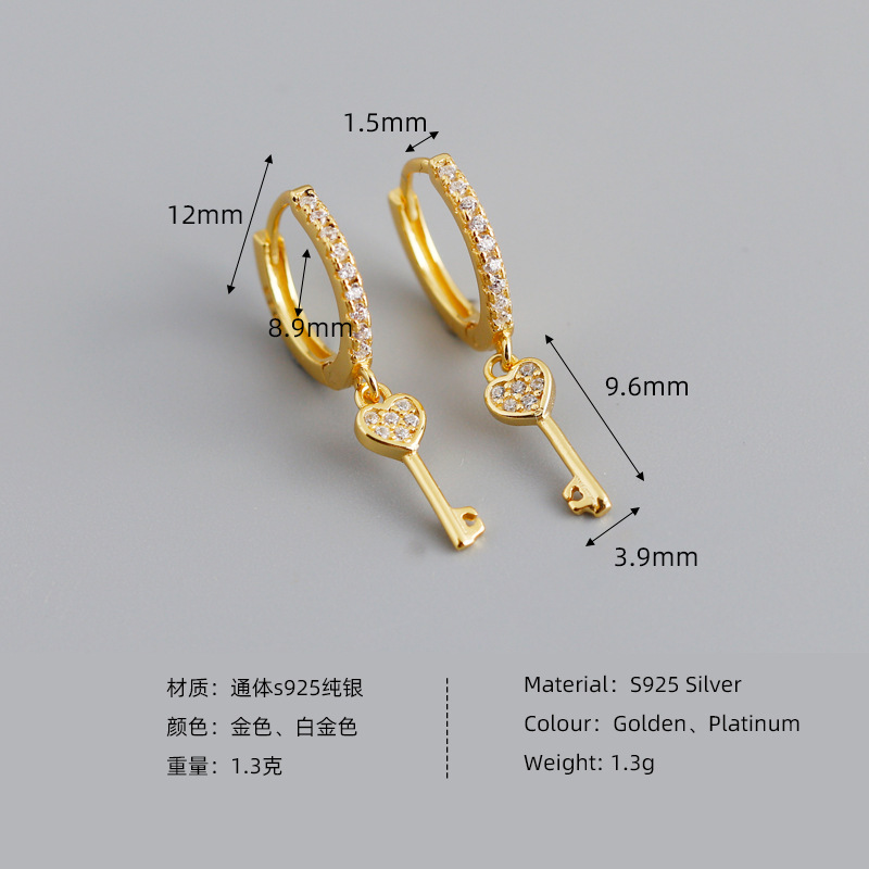 Heart Key Charm Pave White Stone Ear Clip S925 Silver Earrings