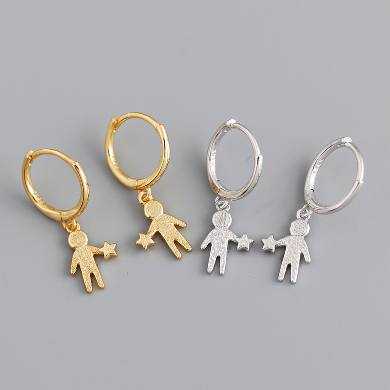 Star And Humanoid Charm Eardrop Ear Clip S925 Silver Earrings