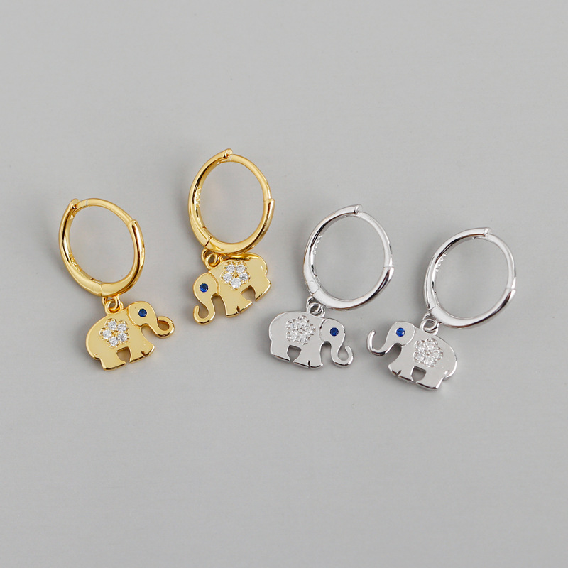 Animal Cute Elephant Charm Pave White Stone Ear Clip S925 Silver Earrings
