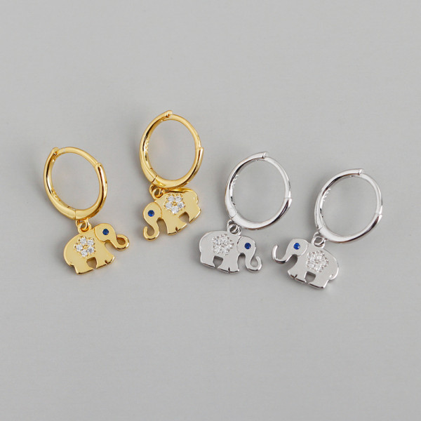 Animal Cute Elephant Charm Pave White Stone Ear Clip S925 Silver Earrings