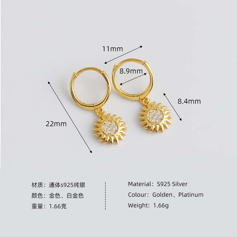 Sunflower Charm Pave White Stone Eardrop Ear Clip S925 Silver Earrings