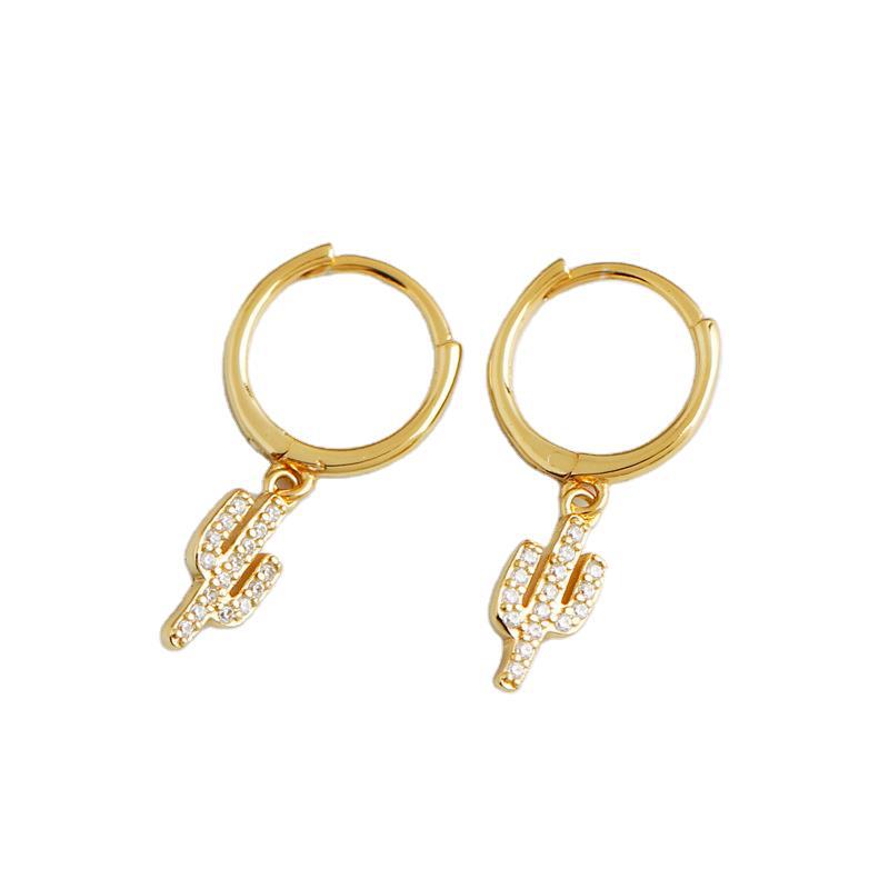 Cactus Charm Pave White Stone Eardrop Ear Clip S925 Silver Earrings