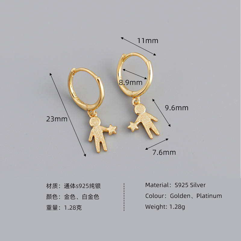 Star And Humanoid Charm Eardrop Ear Clip S925 Silver Earrings