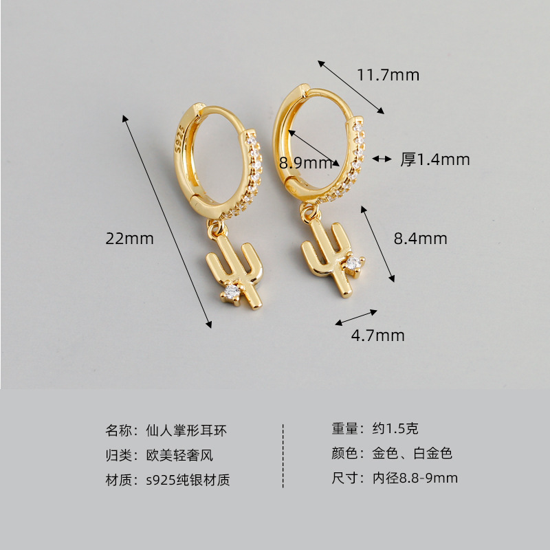 Cactus Charm Pave White Stone Eardrop Ear Clip S925 Silver Earrings