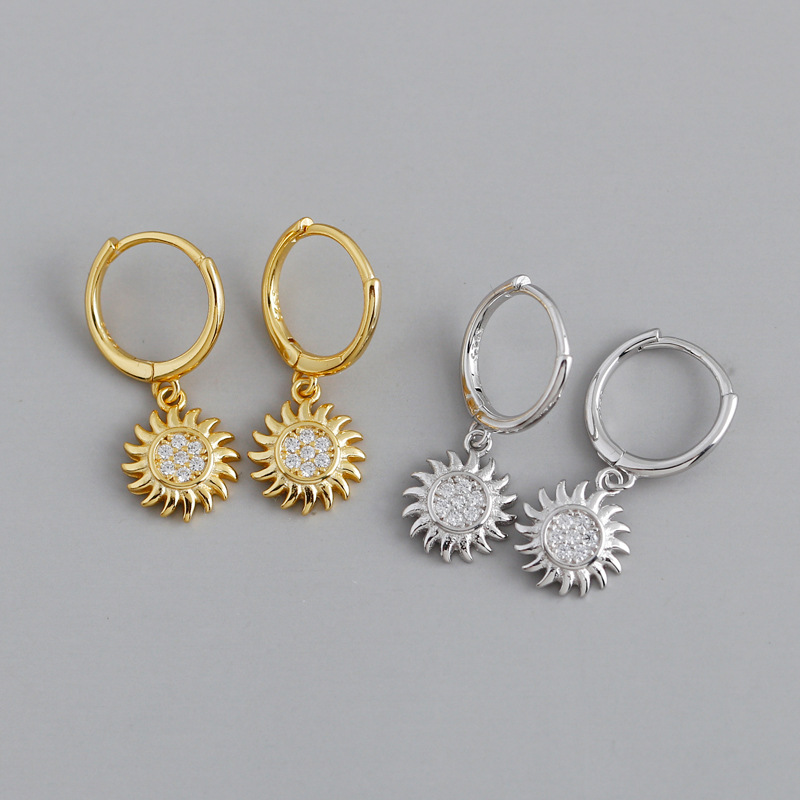 Sunflower Charm Pave White Stone Eardrop Ear Clip S925 Silver Earrings