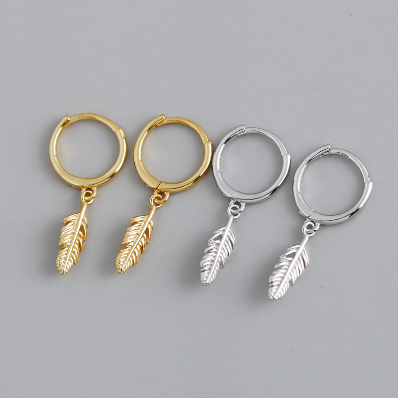 Leaf Plume Charm Eardrop Ear Clip S925 Silver Earrings