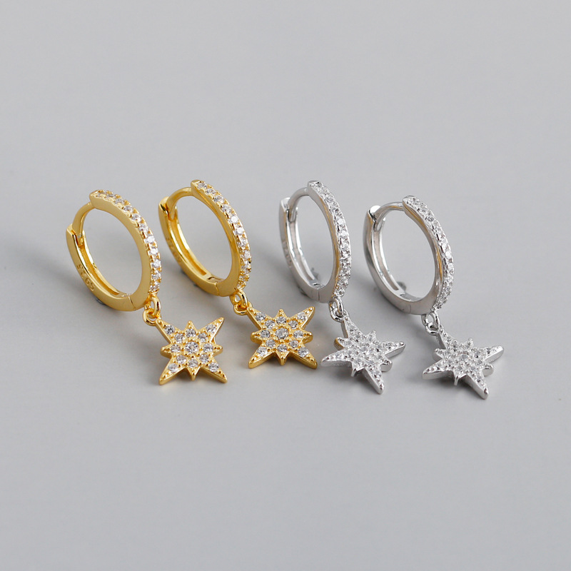 Star Charm Pave cz Eardrop Ear Clip S925 Silver Earrings
