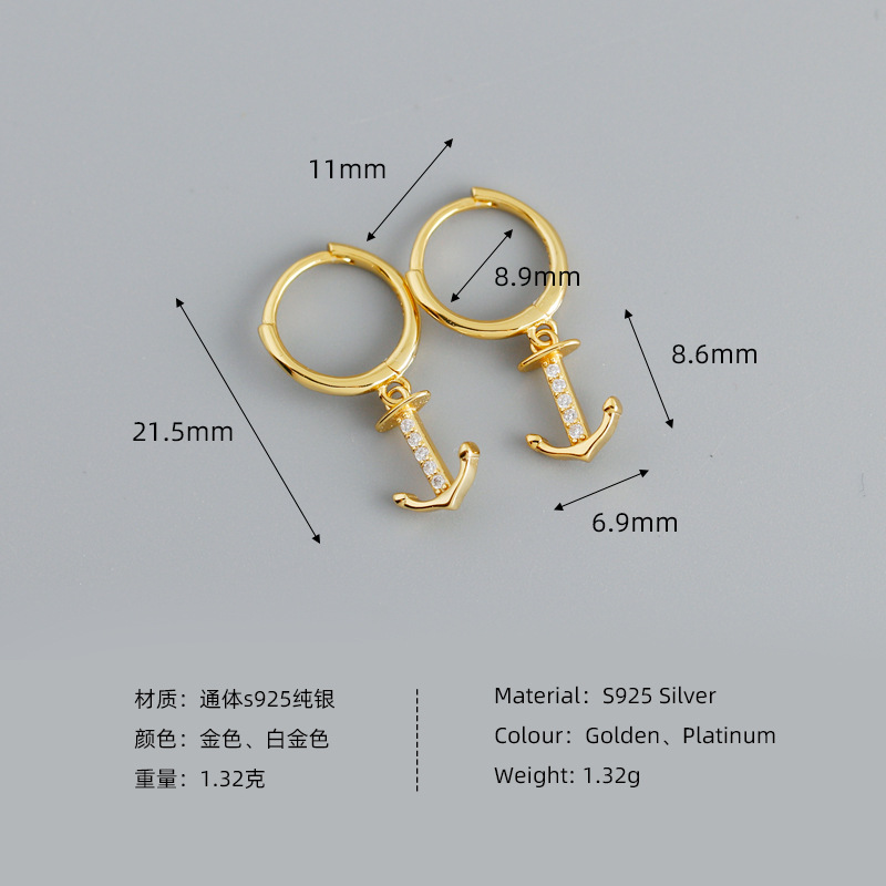 Anchor Charm Pave cz Ear Clip S925 Silver Earrings