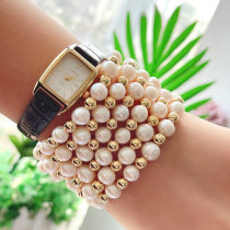 Fresh water Pearl And Gold Bead Elastic Bracelet