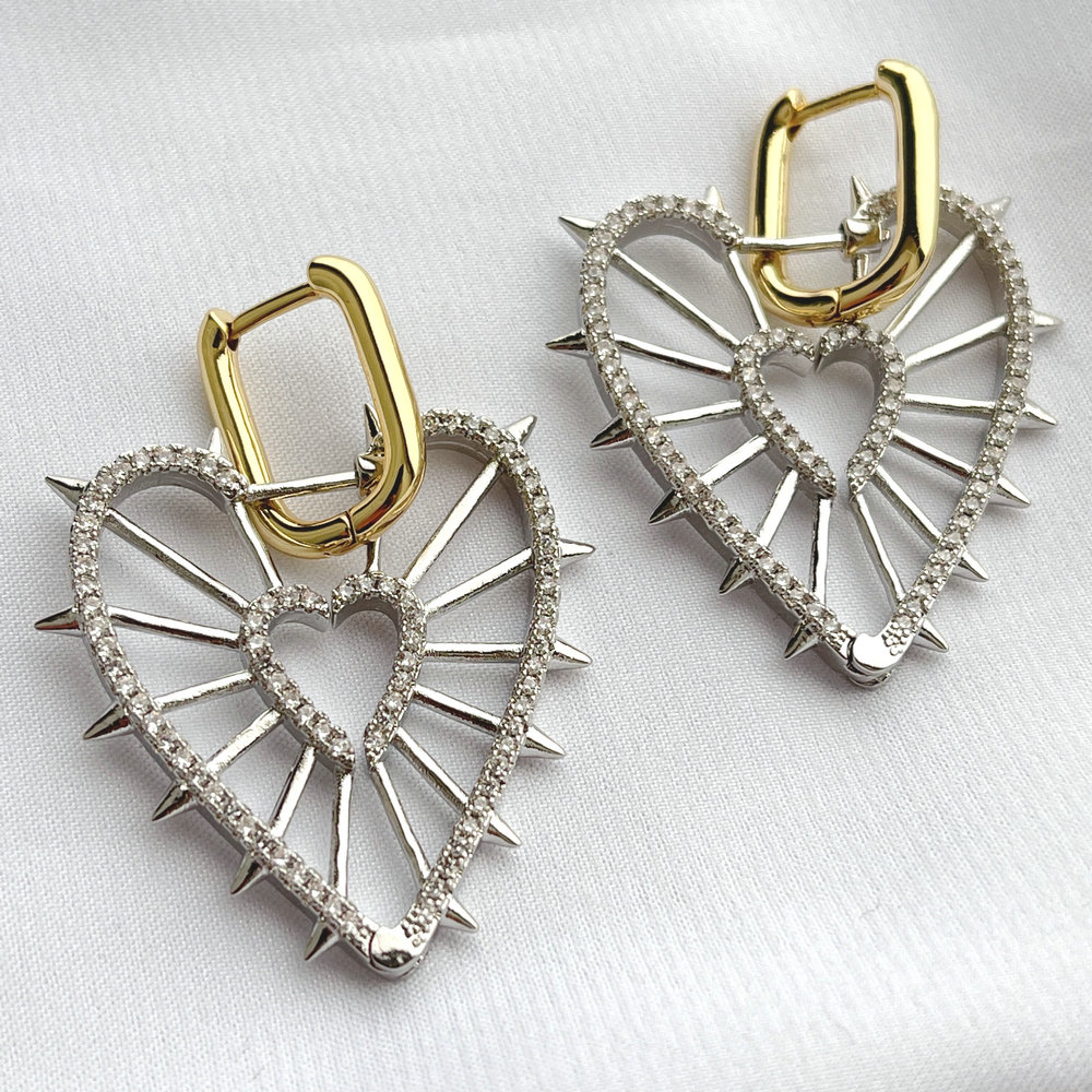 Pave heart earring with gold hoop