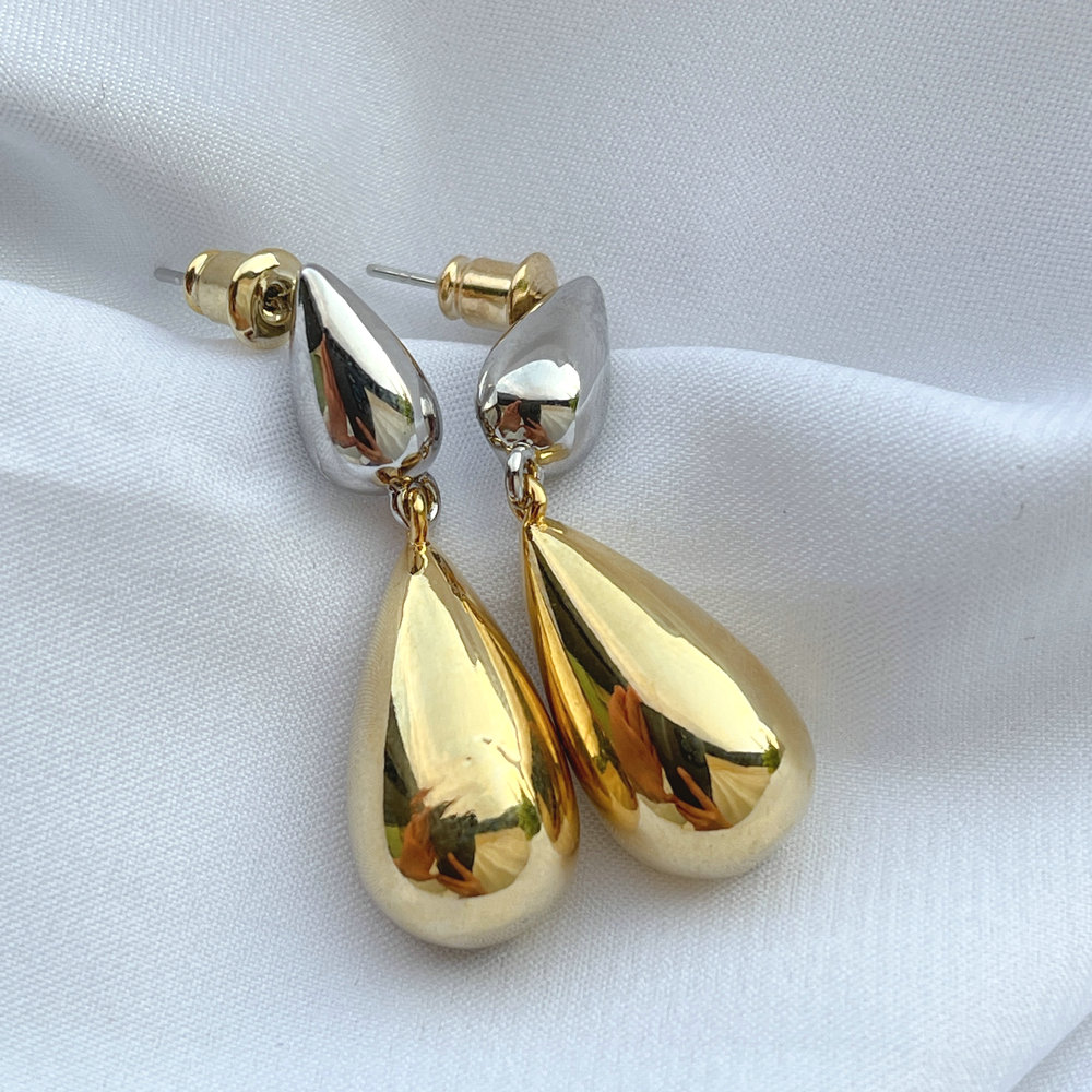 Silver color top with gold long drop charm earring
