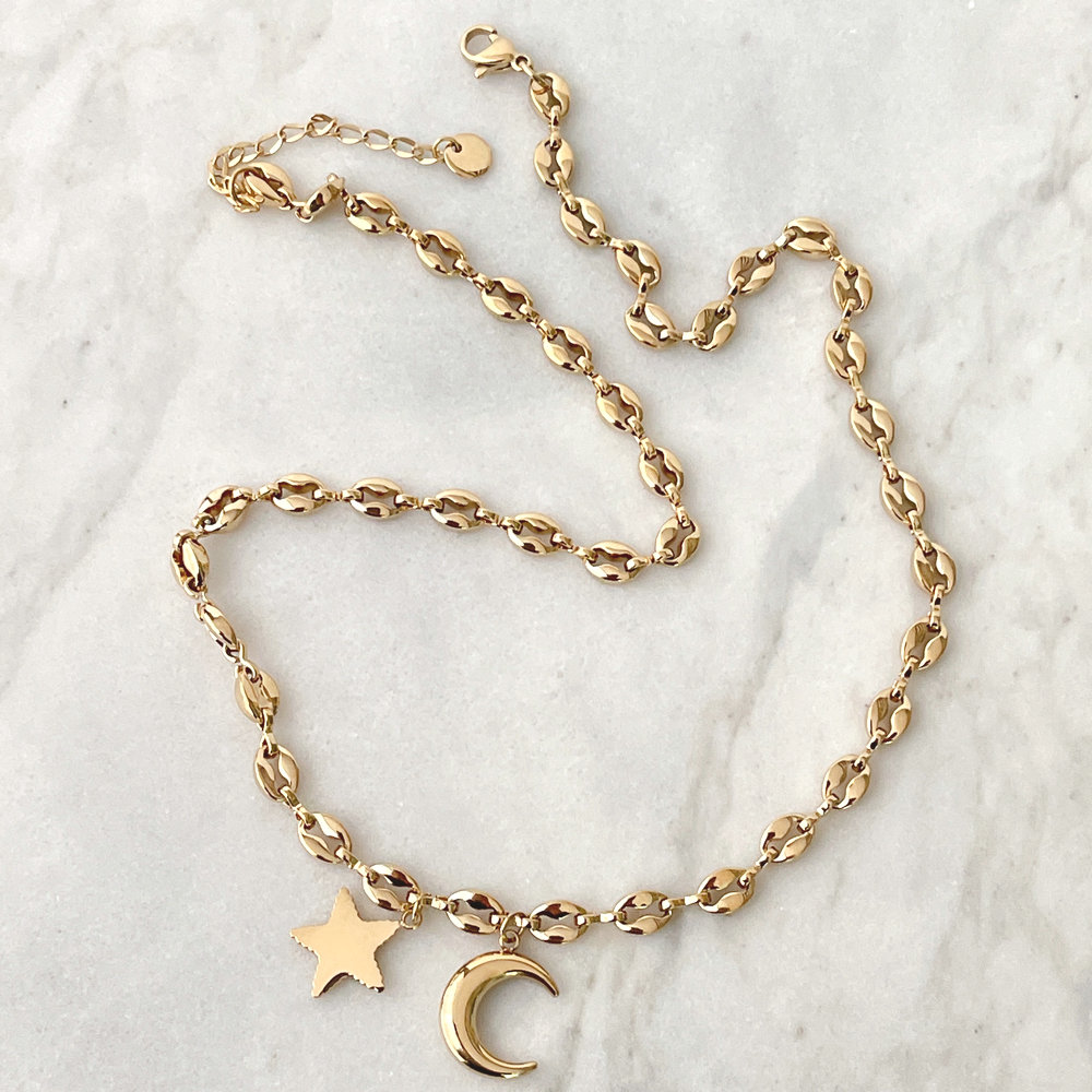 Stainles nose bean necklace with  moon star charm