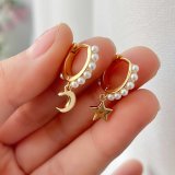 Pearl hoop with moon star pendant