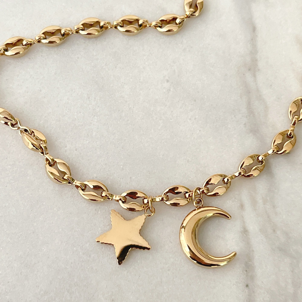 Stainles nose bean necklace with  moon star charm