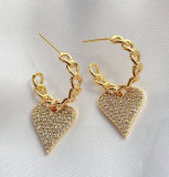Pave heart charm chain hoop earring