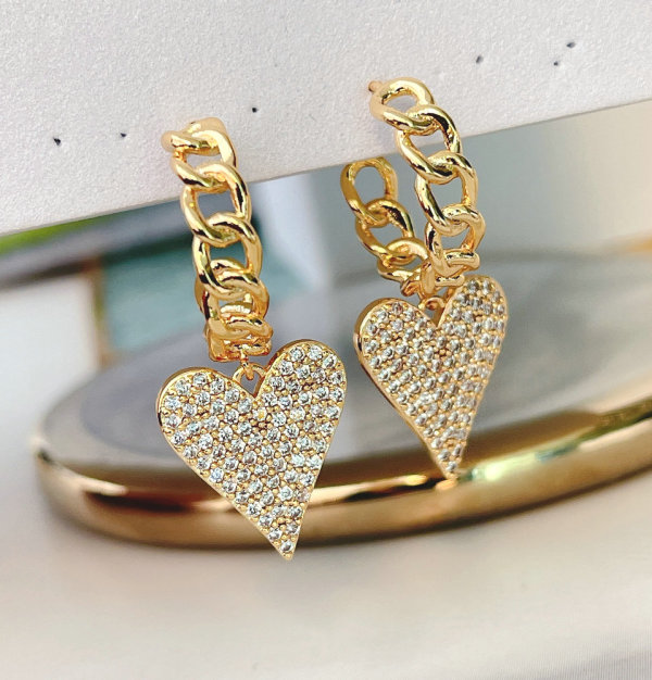 Pave heart charm chain hoop earring