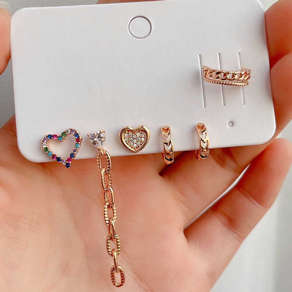 6 piece set heart charm earring