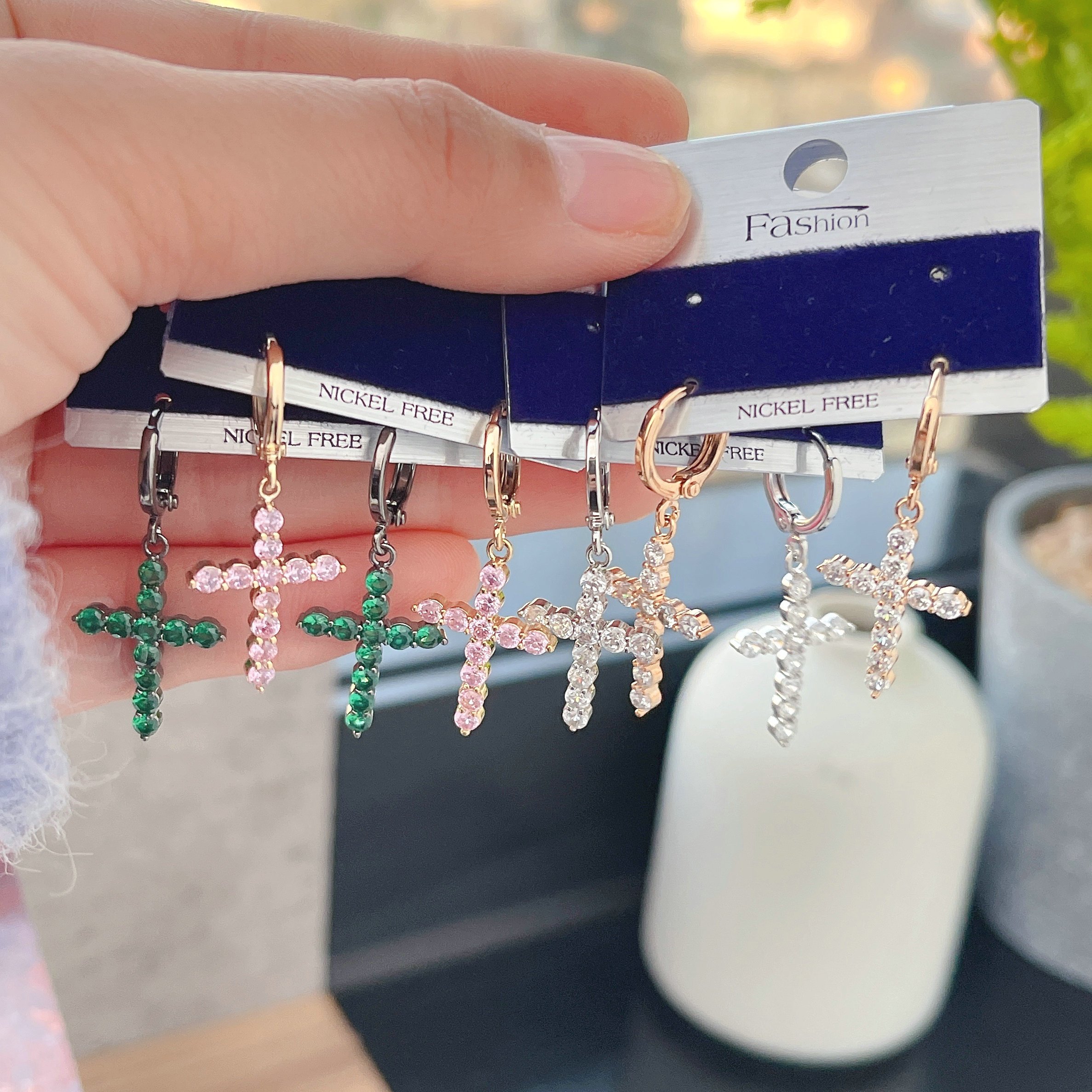 Pave cross earring