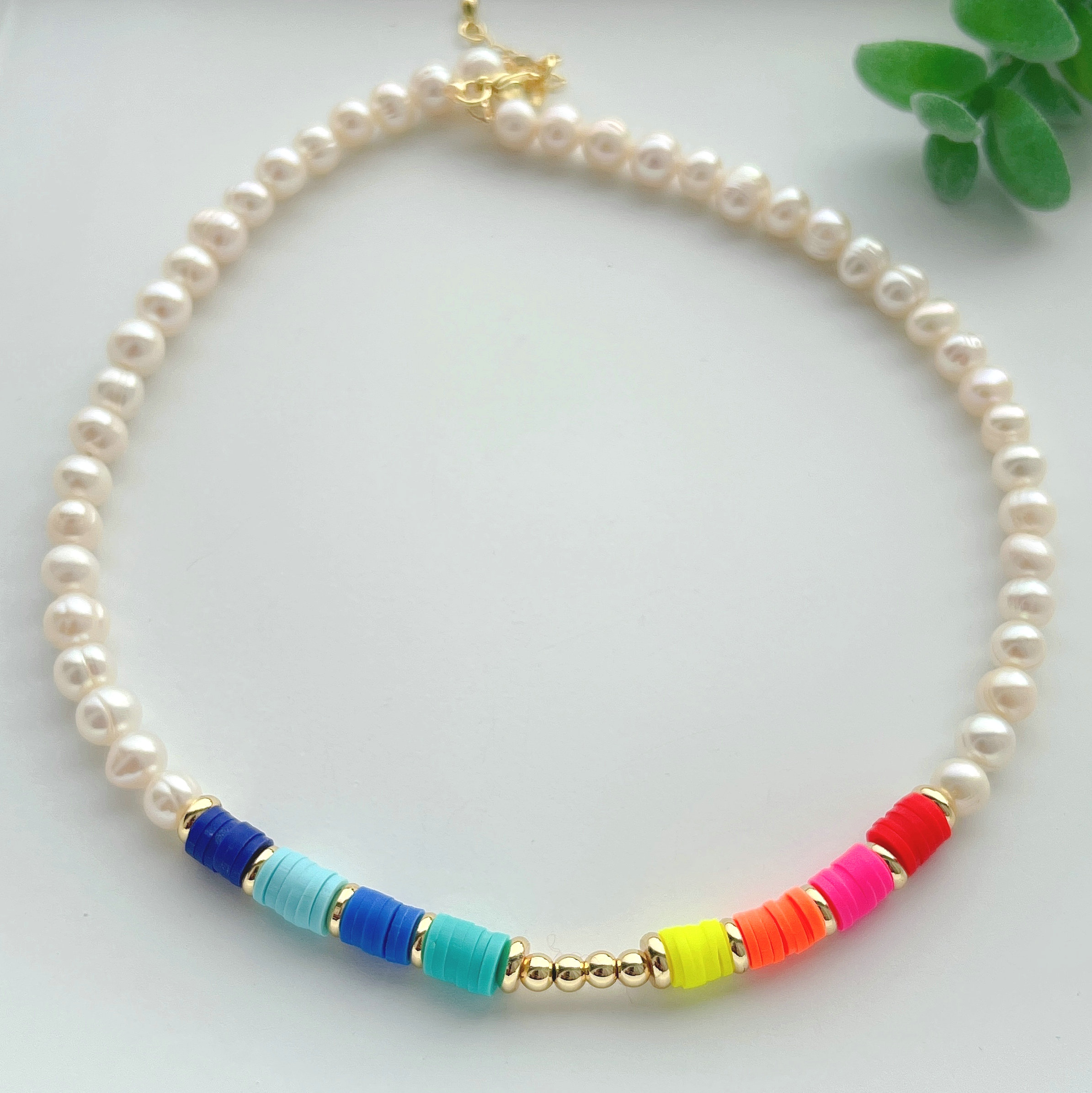 15inch Fresh water pearl with colorful clay beaded necklace