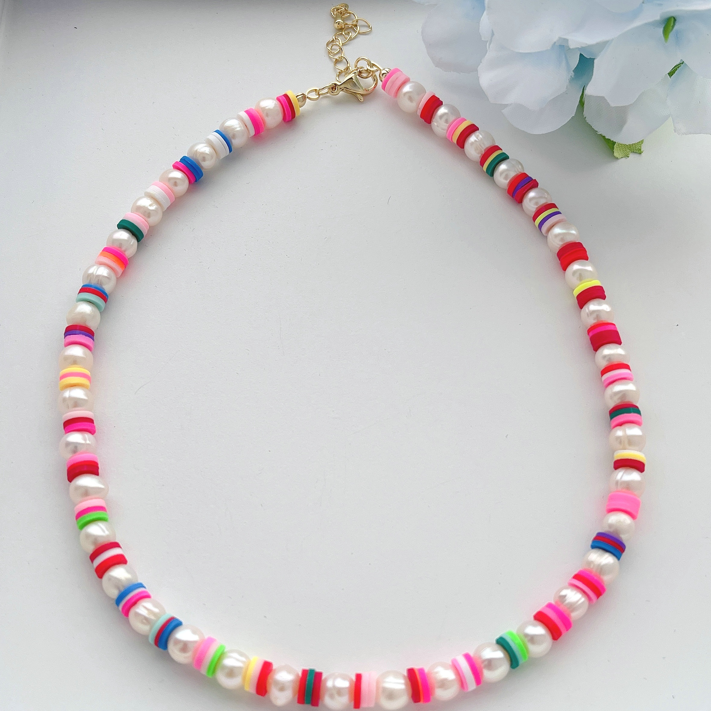 15inch Fresh water pearl with colorful clay beaded necklace