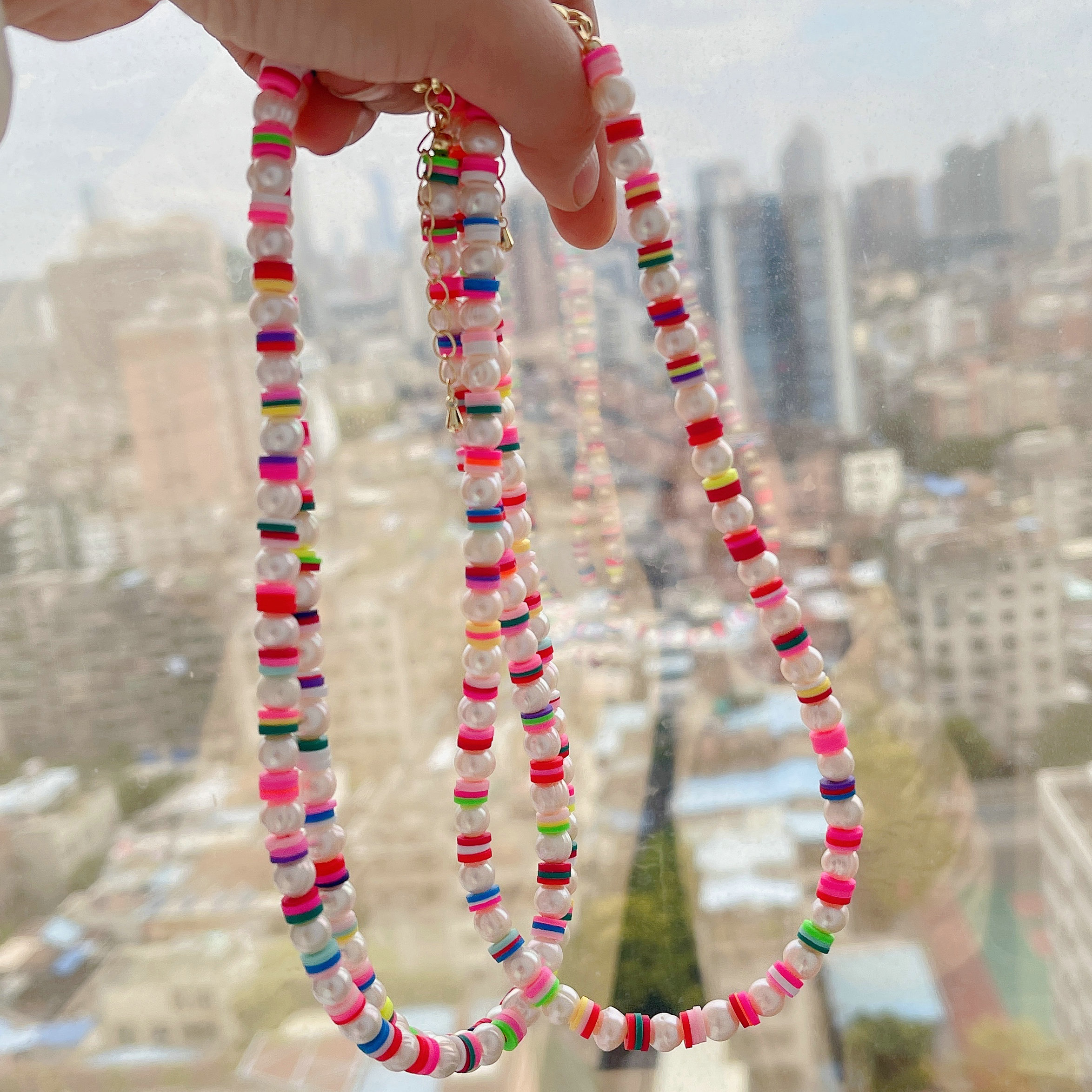 15inch Fresh water pearl with colorful clay beaded necklace
