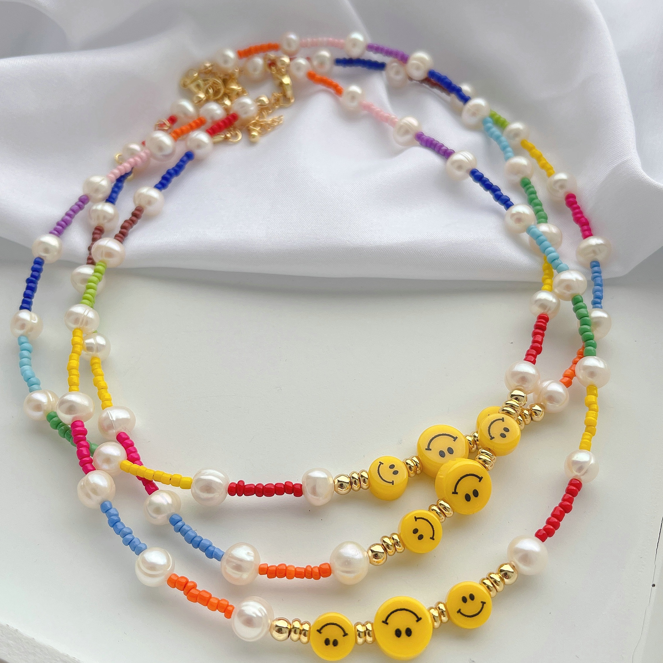 Yellow smile face necklace with colorful beaded