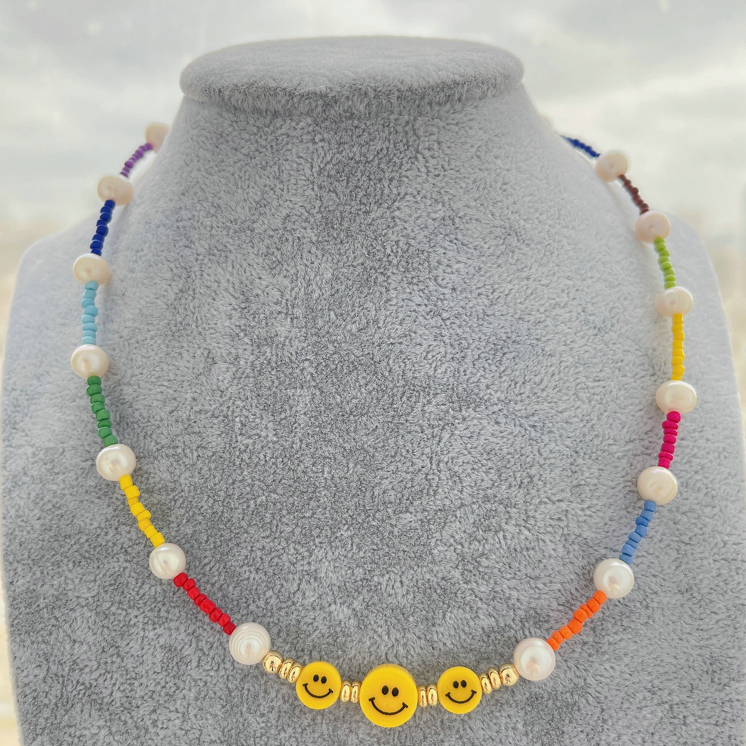Yellow smile face necklace with colorful beaded
