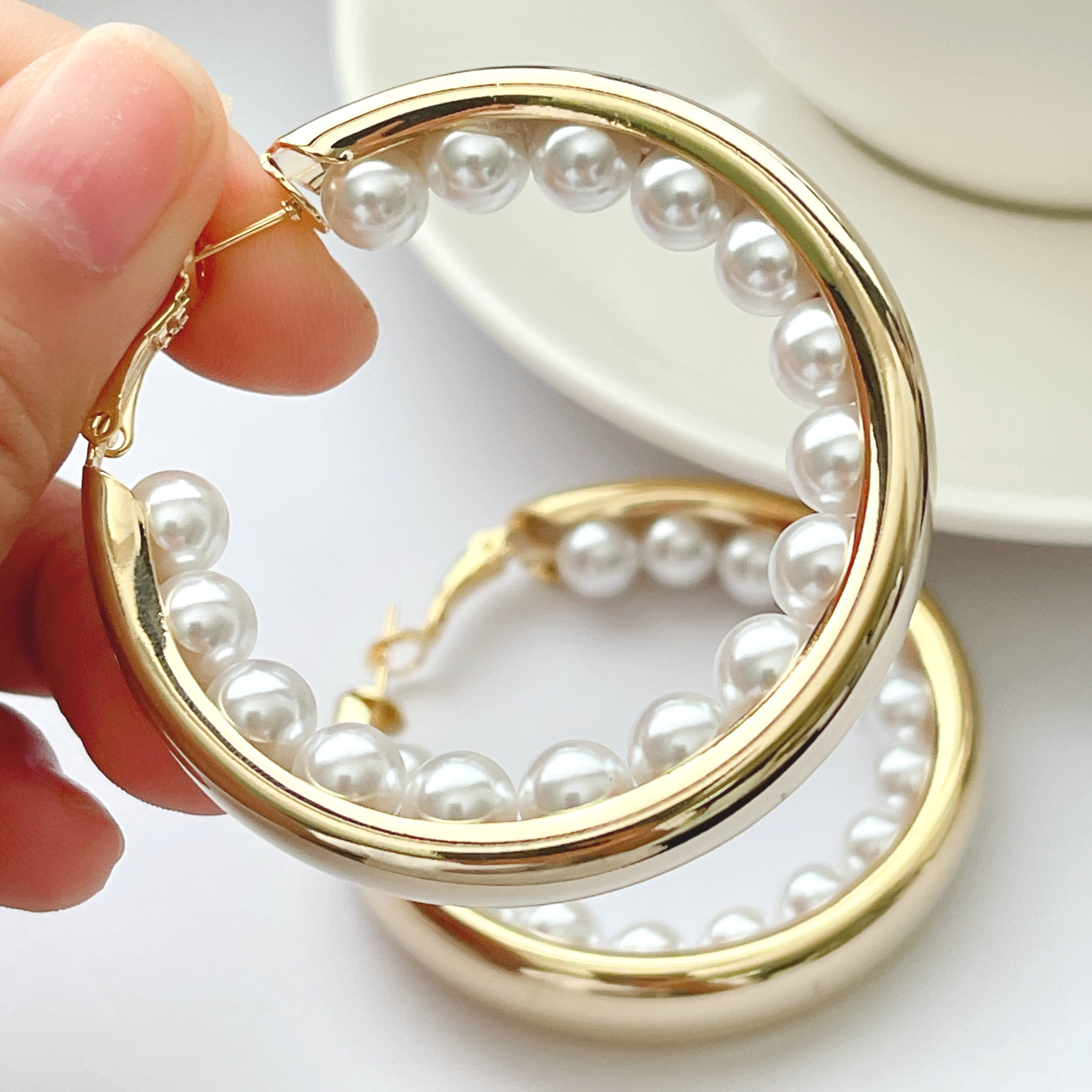 Fashion big hoop pearl earring CMEDYX-2376942