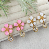 Enamel Flower Earrings With Drop Crystal